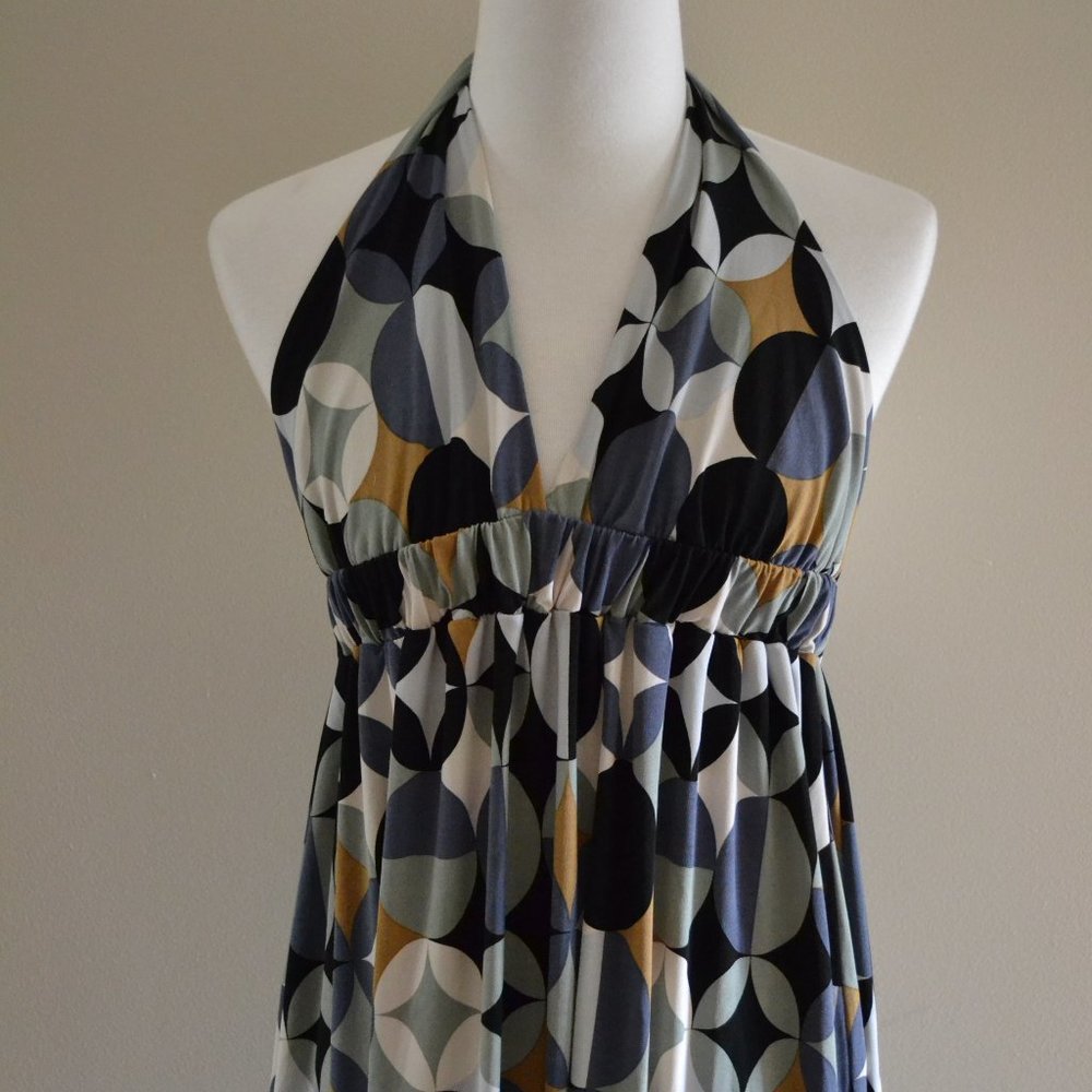 Vintage 90s does 60s 70s halter mini dress / geo print dress
